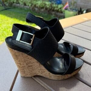 Calvin Klein Black Tan Wedge Sandals Nadin Size 7.5